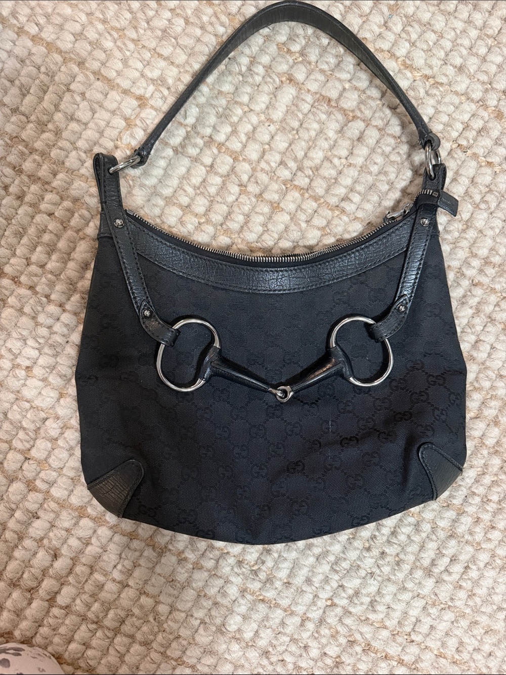 Gucci Black Signature Canvas Shoulder Bag with Silver Horsebit
